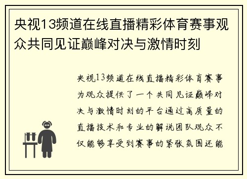 央视13频道在线直播精彩体育赛事观众共同见证巅峰对决与激情时刻